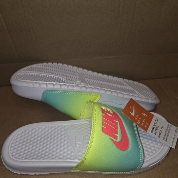 Nike Women’s Size 8 Benassi Slides Flash Crimson-Volt - Picture 2 of 4